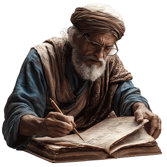 Scholar studying an ancient illuminated manuscript